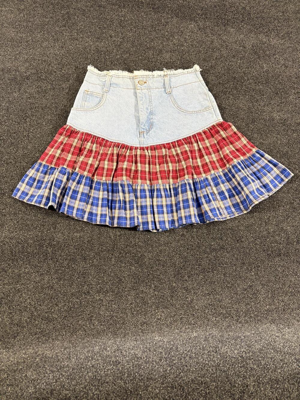 Vintage NIKI-LEE Skirt Juniors 13 Multicolor Plaid Denim Ruffle Mini Tiered